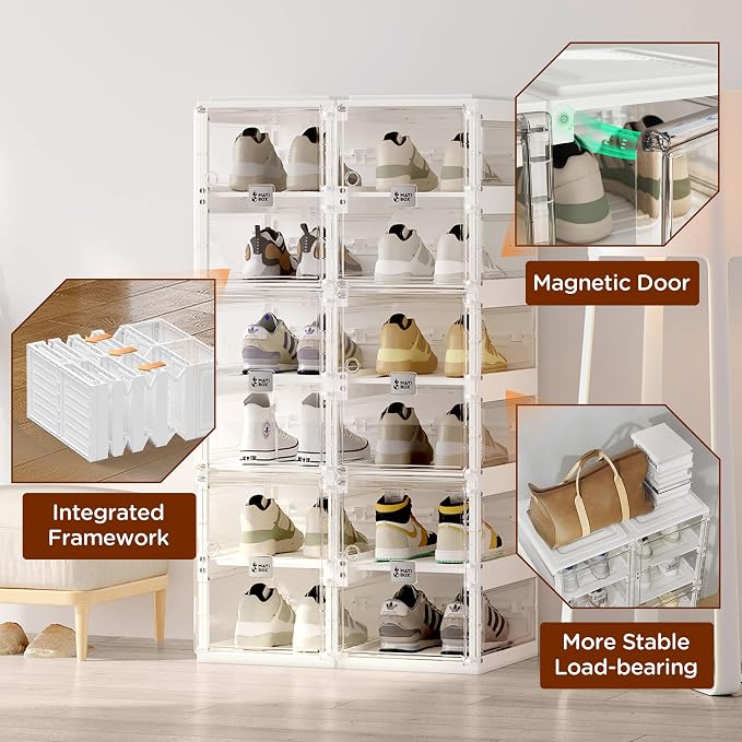 ANTBOX Foldable Shoe Rack,Shoe Organizers for Closet Plastic Shoe Storage Box Space Saving For Entryway, Large Sturdy Stackable Sneaker Cabinet Bins With Magnetic Clear Door 4 Tiers 8 Pairs