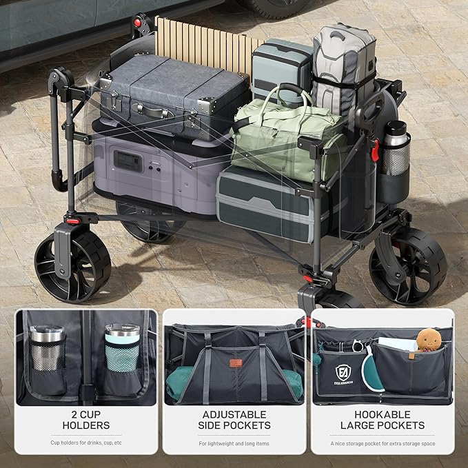 EVER ADVANCED Folding Push Wagon with Canopy, Shopping Cart with Brakes | Portable Collapsible Wagon Cart with All-Terrain Big Wheels for Camping, Beach, Sports