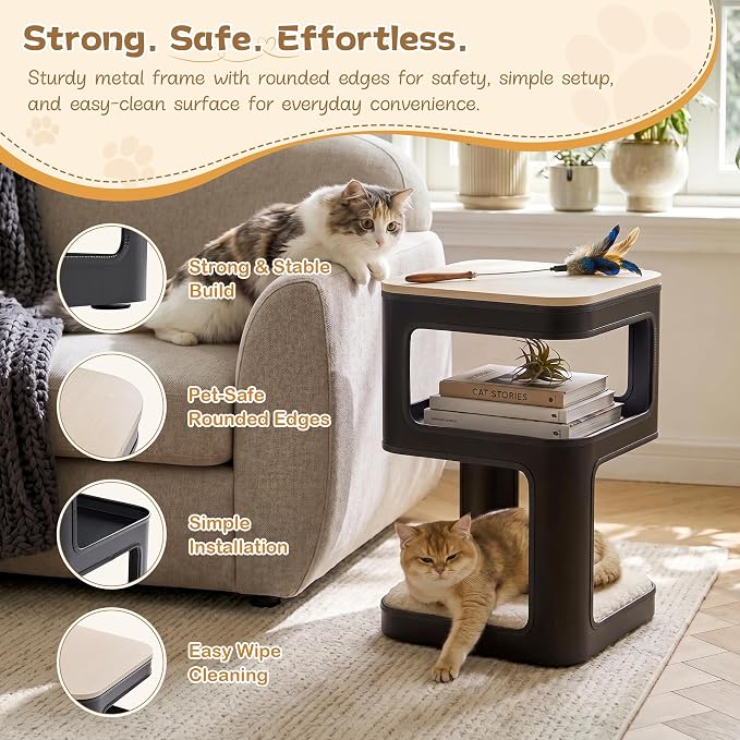 EUREKA ERGONOMIC Side Table Cat Beds, Square End Table with Cat House, Metal Nightstand with 3 Tier Storage, Modern Side Table End Beside Table for Living Room Bedroom Indoor, Easy Assembly, Black