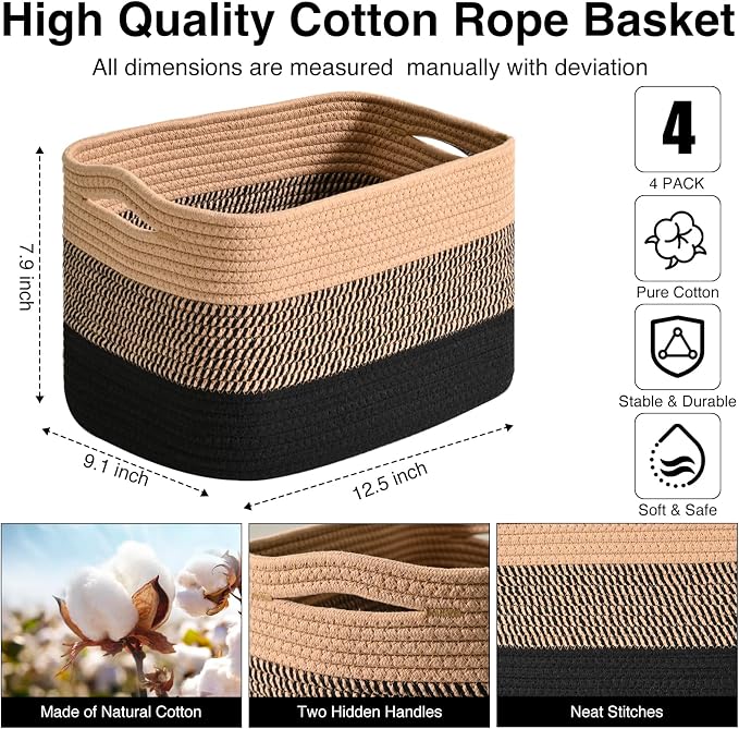 ICERZCZ Storage Baskets for Shelves Organizing, Woven Cotton Rope Baskets for Storage, Book Basket, Towel Basket, 12.5"Lx9.1''Wx7.9''H (4 Packs) Gradient Black & Jute