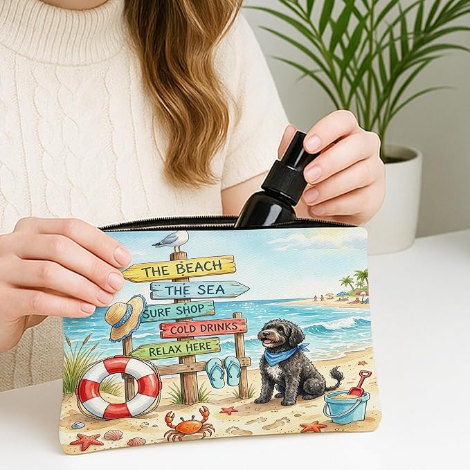 Portuguese Water Dog Makeup Bag, Cute Coastal Beach Seaside Cosmetic Travel Pouch for Women, Gifts for Girls, Pet Portable Small Canvas Zipper Organizer 7x9 Inch