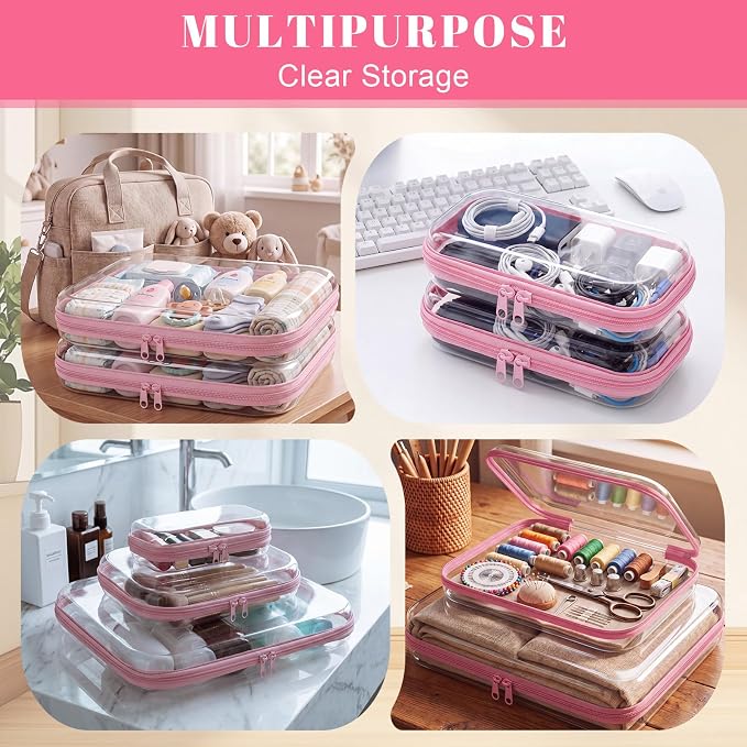 12 Pack Clear Hard Shell Zipper Case with 40 Labels, X-Large/Medium/Small Stackable Clear Pouches, Crush-resistant Travel Toiletry Bag Organizer for Makeup Board Games Electronics (Pink)
