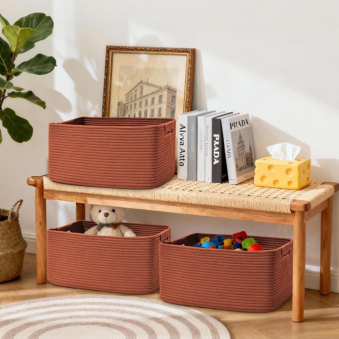 3 Pack Large Storage Basket for Organizing, 17.5"x13"x7" Woven Basket for Shelves, Closet Cube Storage Bins with Wrapped Handle, Cotton Rope Baskets for Kitchen, Clothes, Toys(Oxide Red)