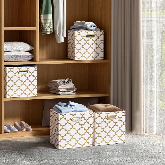 Posprica 11x11x11 Storage Cube Bins, Collapsible Storage Bins Fabric Storage Cubes Organizer Baskets Box Drawers for Shelves, Closet, Wardrobe, Bookshelf, Cabinet, Cream/Gold Lantern, 4 Pack