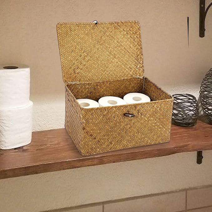 Hipiwe Wicker Shelf Baskets Bin with Lid Woven Seagrass Storage Box, Large | Decorative Basket Organizer Rectangular Household Basket Boxes for Shelf Wardrobe Home Decor, Caramel
