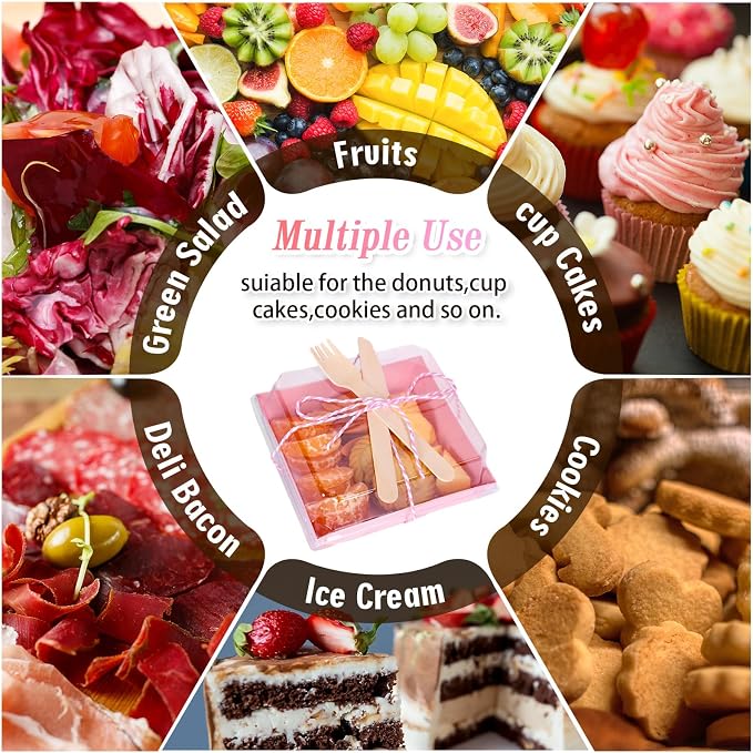 Whaline 50Pcs 4.7 x 4.3 Inch Valentine's Day Small Charcuterie Boxes with Clear Lids Pink Mini Dessert Boxes with Forks and Knives Disposable Food Containers for Sandwich Cookie Sushi Cake Slice Fruit