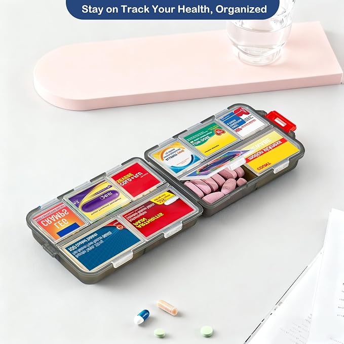 Extra Large Pill Organizer with 161 Medicine Labels, Travel Pill Case | Gray Extra large case with 10 compartments for 7-day pill planning, vitamins, supplements, and travel