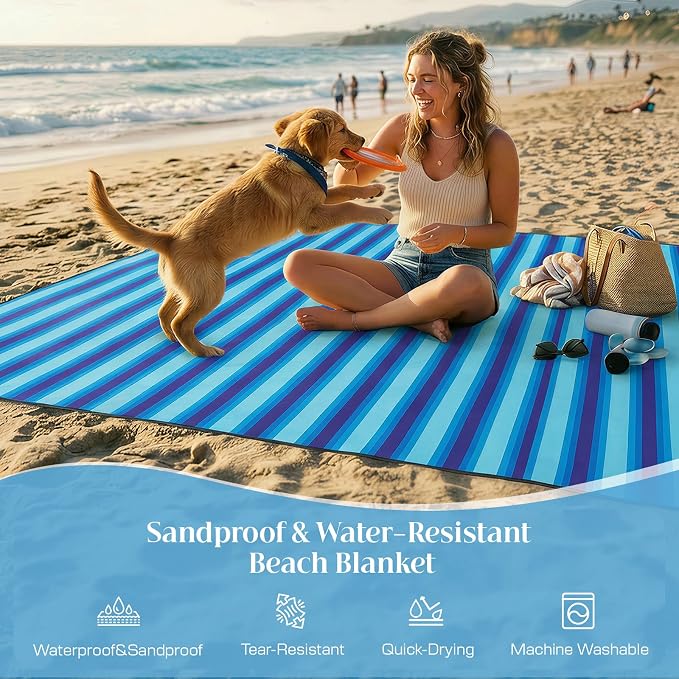 OIGAE Beach Blanket Waterproof Sandproof Oversized Beach Mat | Picnic Mat with Stakes, Storage Bag - Essentials for Outdoor Beach, Picnic,Quick-Dry Lightweight,Windproof Pockets