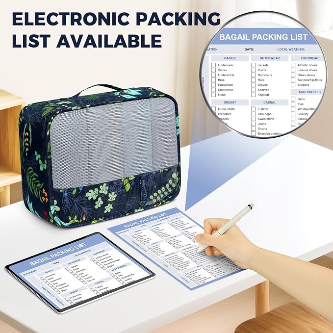 BAGAIL 9 Set Packing Cubes with Packing List Luggage Packing Organizers for Travel Accessories (Navy leaf)