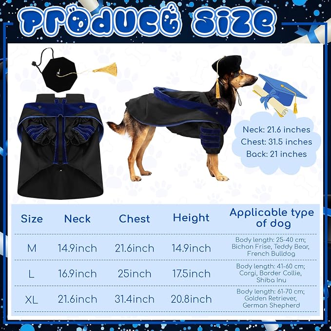Huhumy 3 Pcs Dog Cat Graduation Doctoral Costume Set, 2026 Pet Phd Graduation Cap and Deluxe Doctoral Gown with Hood Side Tam Puppy Kitty Dogs Grad Holiday Party Costume Accessory(Royal Blue,XL)