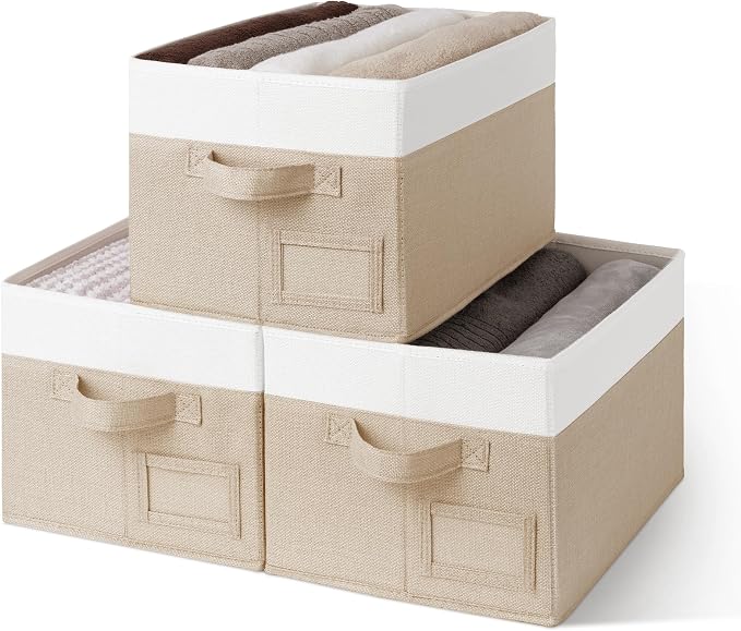 GRANNY SAYS Closet Storage Bins with Label, Khaki&Ivory, Medium, 3-Pack | Fabric Storage Bins, Storage Baskets for Closet, Closet Organizer Bins for Clothes, Clothes Storage Organizer