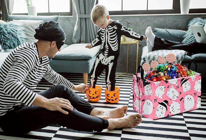 Halloween Pink Ghost Storage Basket Gift Shelf Basket Storage Bin, Toys Nursery Basket Organizer Box for With Handles for Room Deco