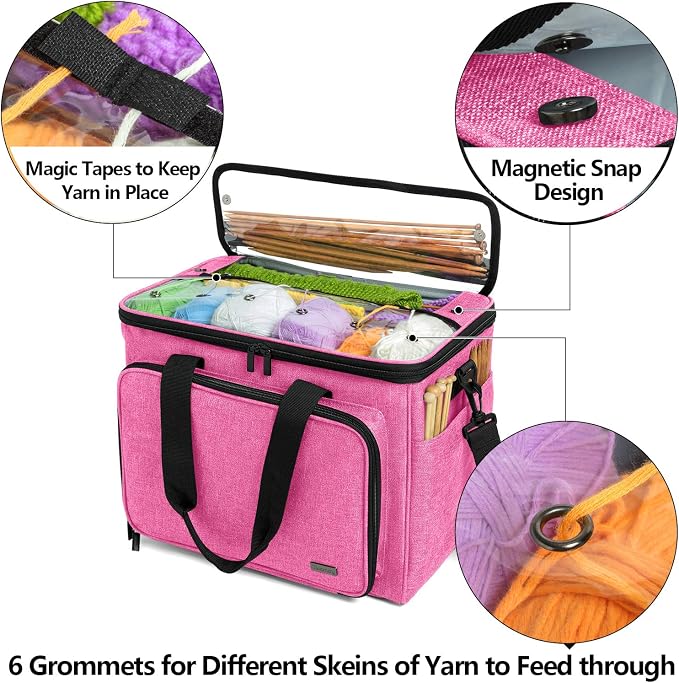 Teamoy Knitting Bag, Yarn Storage Organizer Crochet Bag Tote, Pink | Yarn Holder with Inner Divider(Sewn to Bottom) for Crochet Hook, Knitting Needles(Up to 14"), Project and Crocheting Supplies