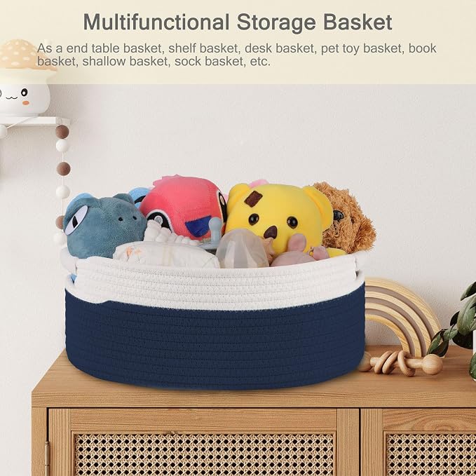 Small Woven Gift Basket with Bag & Ribbons, Navy Blue | Cotton Rope, 13”x 9”x 5.5”, Fits for Kids, Women & Men, Bedroom, Living Room, Nursery & Bathroom Storage, Cat & Dog Toy Boxes
