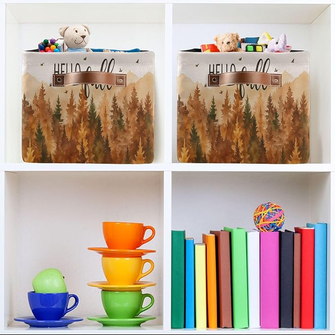 Wamika Hello Fall Forest Storage Basket with Waterproof Liner and PU Handles Maple Leaves Pine Tree Storage Bins Boxes 14.2" Collapsible Decorative Organizer Baskets for Bedroom Closet Office 1 Pack
