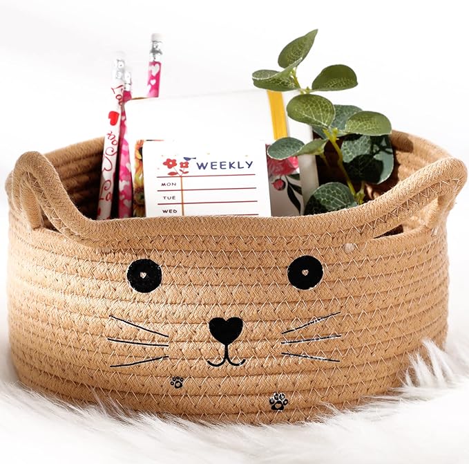 Zopeal Cat Storage Basket Woven Organizer with Ears Decorative Gift Cute Cotton Rope Pet Toy Basket for Gift Cat Dog Toy Bin Nursery Room(8.3 x 4.7 Inch,Khaki)
