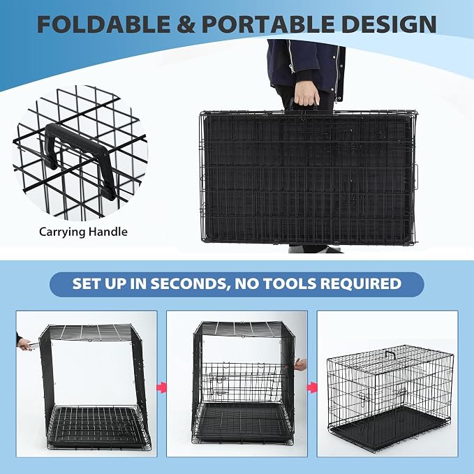 BestPet | 42" Dog Crate | Black | Foldable Metal Kennel with Single Doors, Secure Slide-Bolt Latches, Leakproof Tray | Portable Dog Cage for Large Breeds | for Travel, Indoor & Outdoor Use