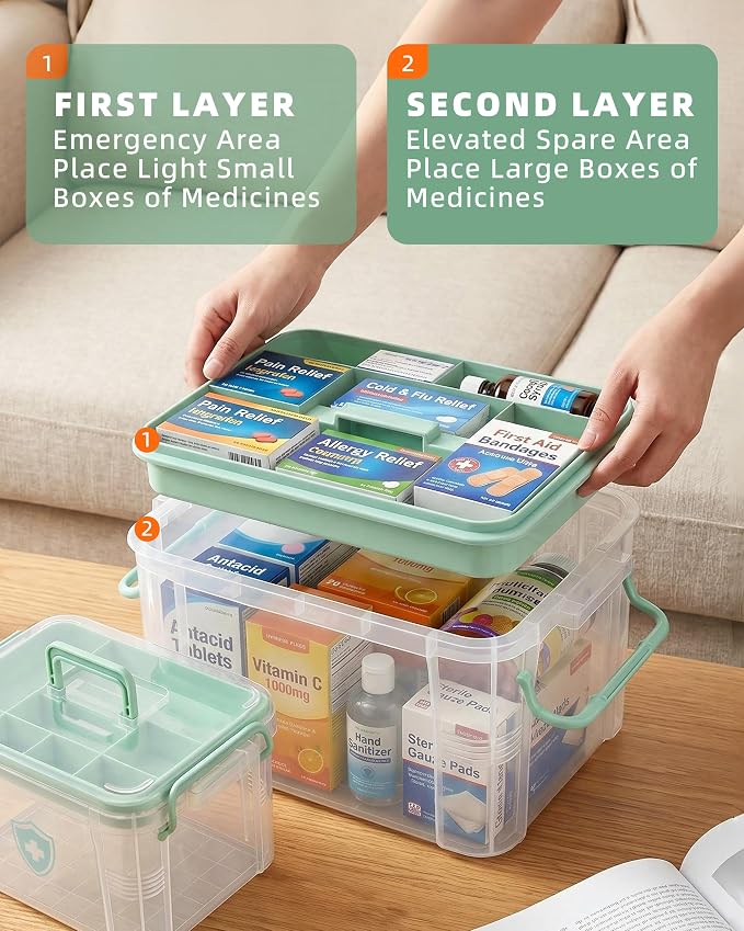 2 Pack Clear Medicine Storage Box with Removable Tray, Large & Small Size Thickened Empty First Aid Box with Carry Handle, Multipurpose Portable Medication Organizer for Home Travel Car Camping
