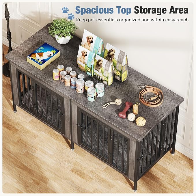 DUMOS 54" Dog Crate Furniture for 2 Dogs with Divider, Gray Wood Grain | Wooden Dog Kennel Furniture, Small Breed Center Divider and Double Doors, Heavy Duty Indoor Dog Cage, TV Stand, Side Table