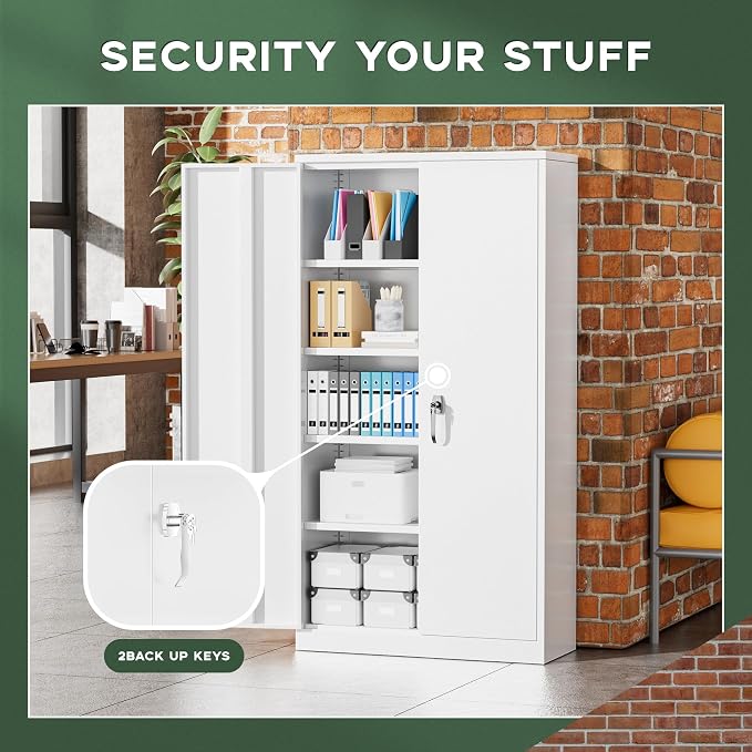 Greenvelly Metal Storage Cabinet, 72" Locking Metal Garage Storage Cabinet with Doors and 4 Adjustable Shelves, Lockable Steel Cabinets for Home Office, Garage, Shop, School (White 36" W x 18" D)