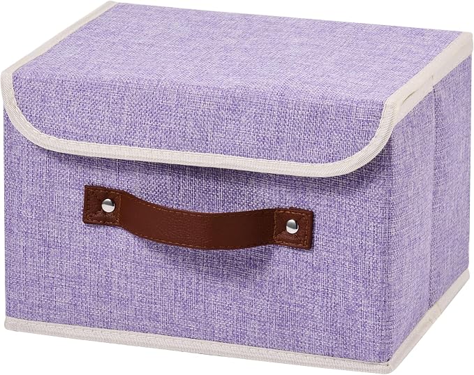 Storage Boxes with Lids Cotton Linen Fabric Bins Baskets | Decorative Collapsible Washable, Clothes Container Organizer for Closet Shelf, w/ Faux Leather Handles, Purple, Small