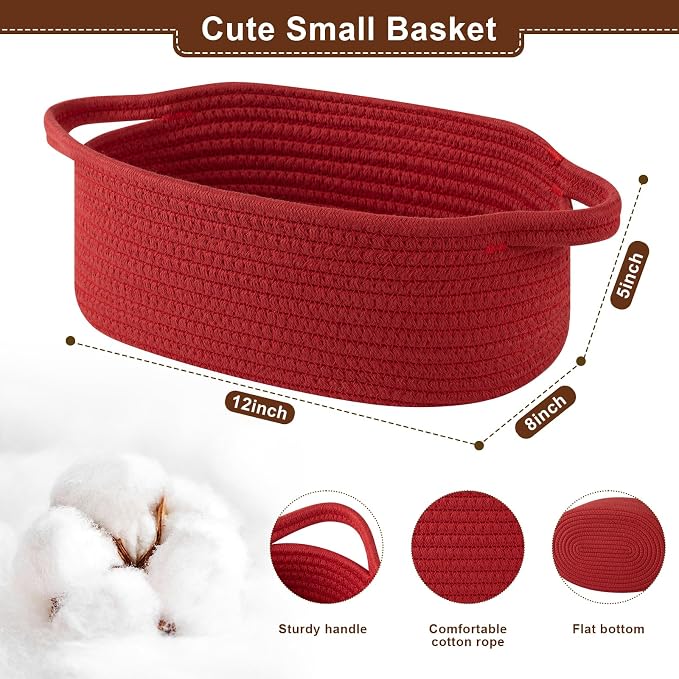 OIAHOMY Gift Basket with Handle, Small Woven Basket with Gift Bag, Ribbon and Wrap Tissue Paper, Nursery Bins Empty to Fill with Small Items, Baby, Pet Toy Organizer - Red