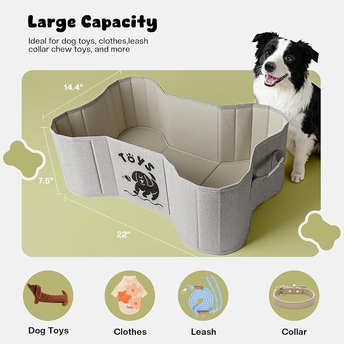 39L Dog Toy Basket, Collapsible Dog Bone Baskets for Toys, Dogs Storage Organizer with PU Handles, Pet Toys Basket with Bone Shape Design, Toy Baskets for Dogs, Gray, 22" x 14.4" x 7.5"