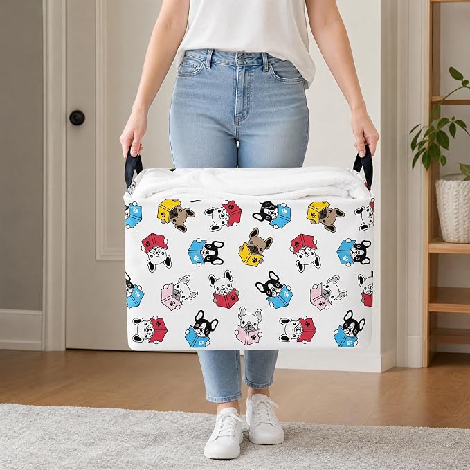 Large Dog Toy Basket Puppy Box Storage Bin (Blue Red) | Holder French Bulldog Stuff Organizer, Room Decor Gifts