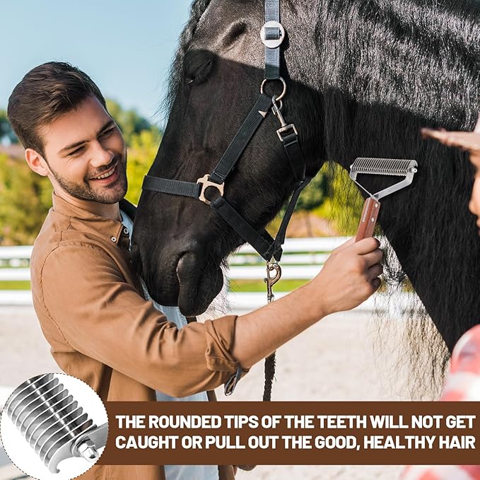 Abbylike Livestock Shedding Comb Grooming Dematting Brush Shedding Undercoat Rake for Cattle Horse Goat Cow Pets with 27 Stainless Steel Blades and Wood Handle