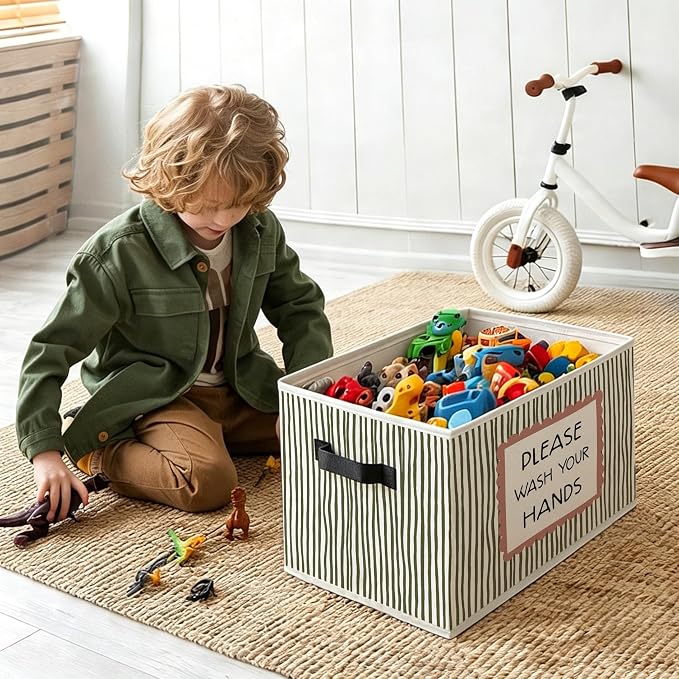 Please Wash Your Hands Bathroom Foldable Storage Bins Box with Handles, Boho Neutral Striped Decorative Storage Boxes Baskets Organizer for Washroom Guest Bathroom