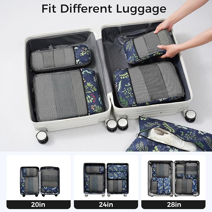 BAGAIL 4 Set/6 Set/8 Set Compression Packing Cubes Travel Accessories Expandable Packing Organizers (Half Mesh, 6-Navy Leaf)