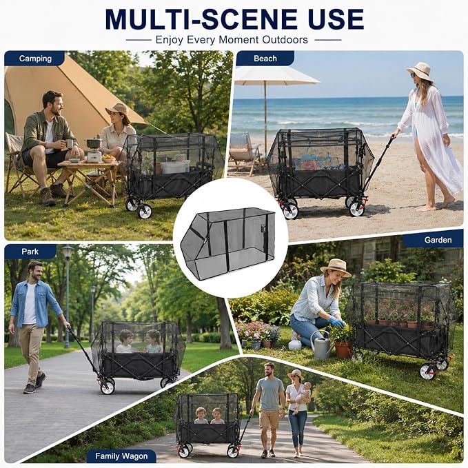 Wagon Mosquito Net Cover for Folding Wagon, 35" L x 20" W Fine Mesh Bug Screen with Zipper, Outdoor Camping Cart Cover for Garden, Picnic and Beach