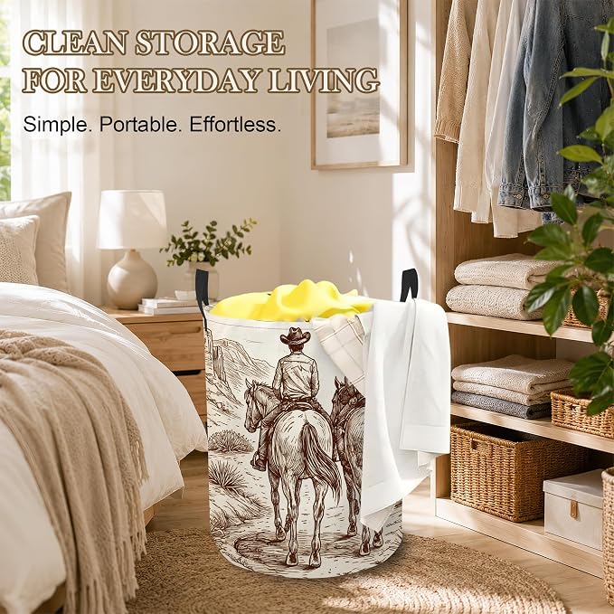 Western Cowboy Laundry Basket, Foldable Oxford Cloth Desert Horse Laundry Hamper with Handles, Tote Bag Clothes Storage Bucket for Laundry Room/Bathroom/Bedroom/Dormitories 20.8"x16"