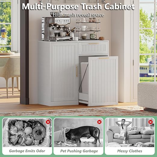 Single 13 Gallon Pull Out Trash Can Cabinet with Storage Cabinet,White | Pet Proof Hidden Garbage Can Cabinet,3-Tier Shelves,Fluted Design,Extra Drawer Space,Kitchen & Dining Room Organization