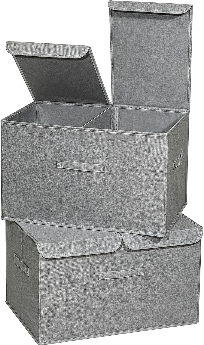 2 Pack Large Storage Boxes with Lids and Handles, Collapsible Linen Storage Bins Organizer Containers Baskets Cube with Removable Divider for Home Bedroom Closet Office (Grey, XL)