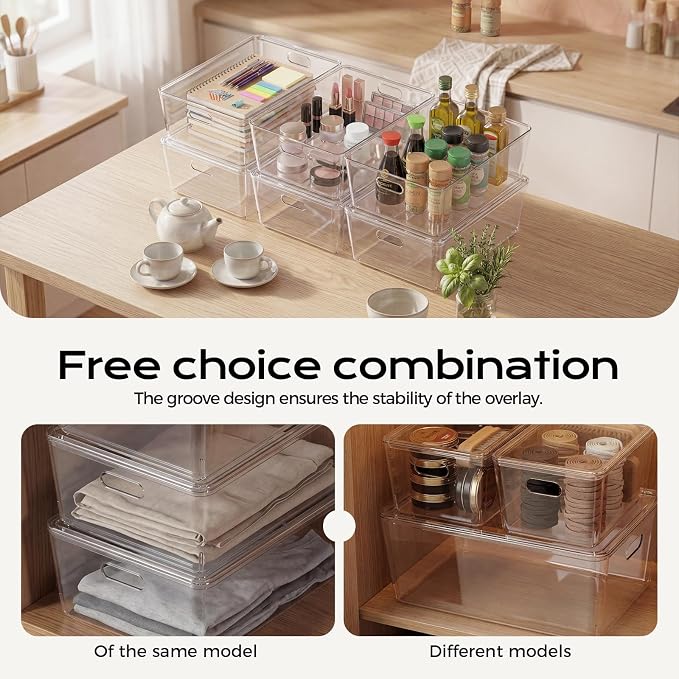 6 Pack Large White Storage Bins with Lids, PET Plastic Pantry Organizers and Storage Containers for Kitchen, Fridge, Bathroom, Office (Clear)
