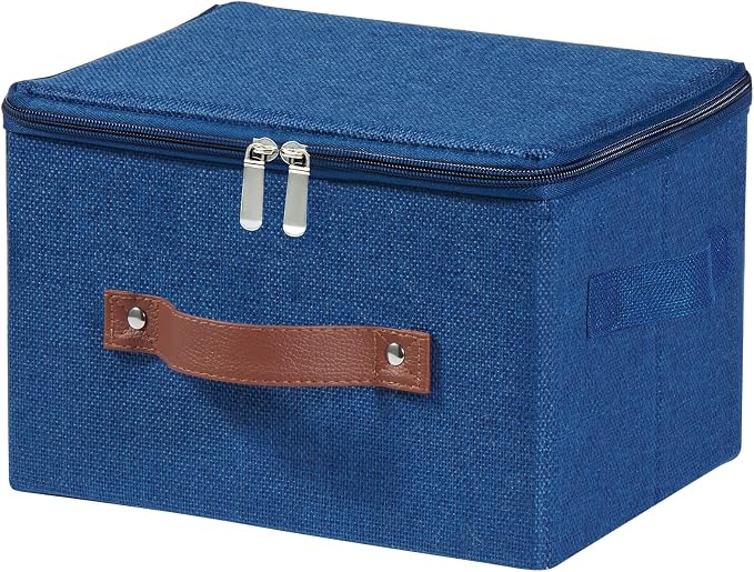 Storage Bins with Zipper Lid Decorative Lidded Storage Boxes | Collapsible Cotton Linen Fabric Storage Baskets, PU Leather Handle, Stackable Shelf Closet Organizer(Dark Blue, Small)