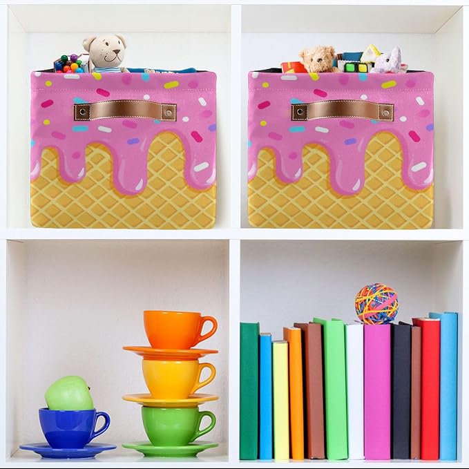 Wamika Ice Cream Drip Baseball Storage Basket with Waterproof Liner and PU Handles Purple Pink Storage Bins Boxes 14.2" Collapsible Decorative Organizer Baskets for Bedroom Closet Office 2 Pack