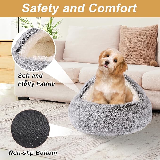 Hooded Dog Bed for Small Dogs, Nest Dog Beds, Washable Cute Cat Cave Bed, Cozy Nook Pet Bed for Dogs or Cats, Anti-Slip Puppy Bed Fits up to 22 lbs Pets(Grey, 20" x 20")