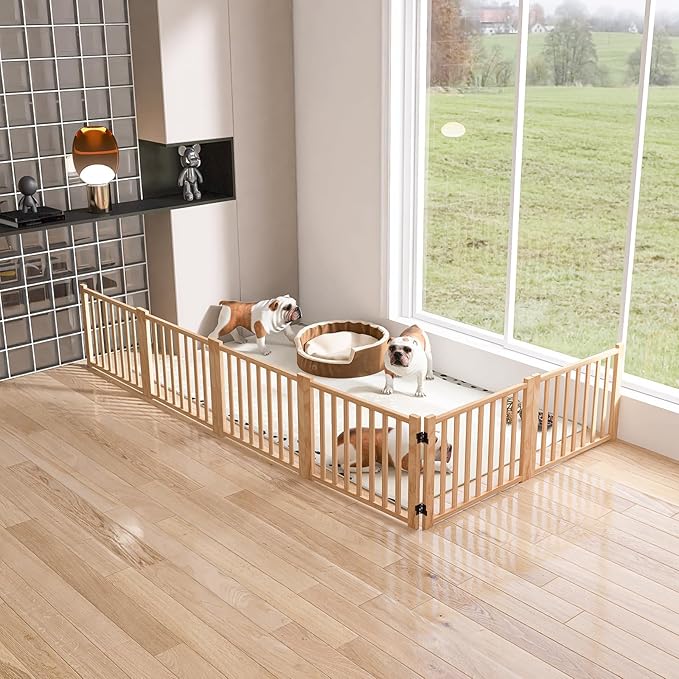 YOCAN Non-Painted Wooden Freestanding Dog Gates - 6 Panel H:16.9" L:138" | Pet Gate for The House,Doorways, Stairs,Wood Dog Fences Indoor Pet Gate,Step Over Fence