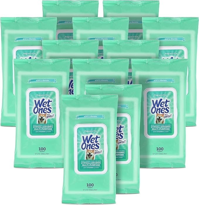 Wet Ones for Pets Hypoallergenic Multipurpose Dog Wipes with Vitamins A, C and E - Fragrance-Free Dog Grooming Wipes with Vitamins, Wet Lock Seal, 100 Count - 12 Pack