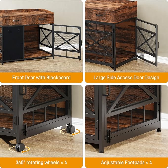 Dog Crate Furniture, 38 Inch Dog Kennel Indoor Furniture with Storage Drawers and Adjustable Foot Pads, Wooden Pet Cage End Table with Rotating Wheels and Blackboard for Small Medium Large Dogs