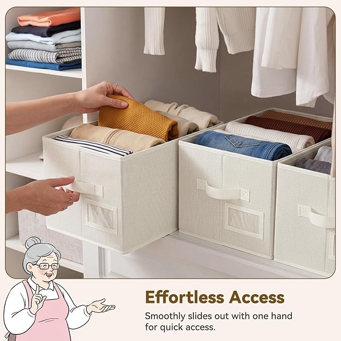 GRANNY SAYS Closet Storage Bins with Label, Pearl White, Medium, 3-Pack | Closet Organizer Bins with Label Holder, Fabric Storage Baskets, Foldable Storage Bins, Decorative Storage