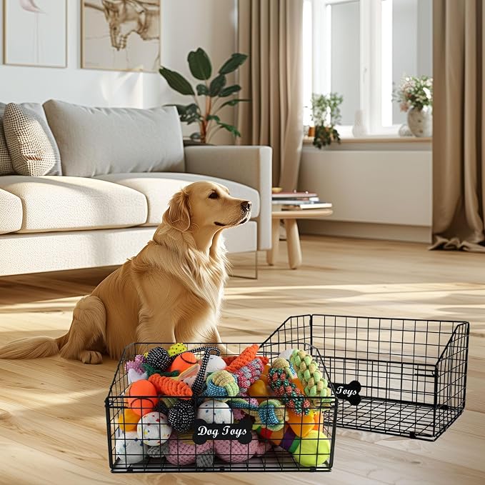 Geyecete 2 Pack Toy box for dogs large Dog Toy organizer Pet wire folding basket DOG TOY container dog toy box-Chew-Proof Dog Food Toy Storage-Black