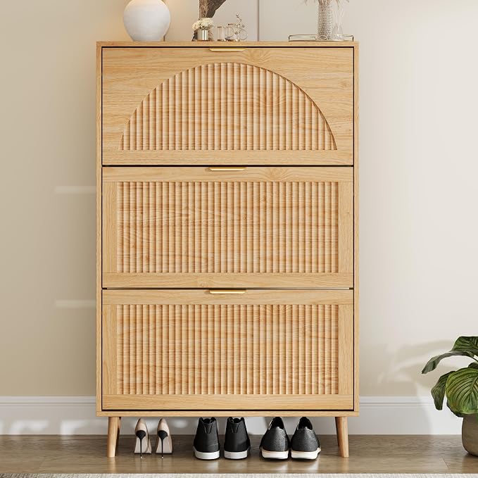 Shoe Storage Cabinet with 3 Flip Drawers, Narrow Wood Shoe Organizer Cabinet with Fluted Panel, Slim Shoe Rack for Entryway, Freestanding Shoe Cabinet for Living Room, Hallway, Wood Color