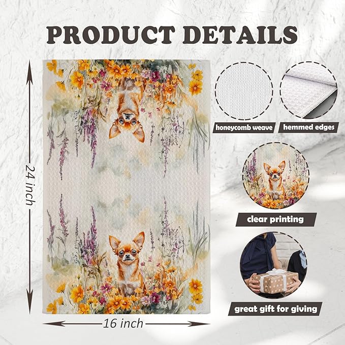Chicimln Wildflower Chihuahua Dog Kitchen Towels, Chihuahua Gifts for Women Men Decorative Hand Towels for Bathroom, Dog Lover Gifts Dish Tea Towel Drying Cloth for Kitchen Decor, 16x24 Inch