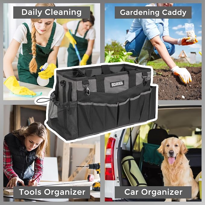 SCAVATA Wearable Cleaning Caddy Bag, Cleaning Caddy Supplies Organizer with Handle & Shoulder Straps for Housekeepers, Under Sink & Car Cleaning Tool Organizers with 4 Foldable Divider (DarkGrey)