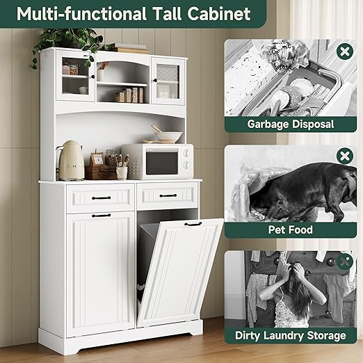 2 X 13 Gallons Double Tilt Out Trash Can Cabinet with Deodorizing Function and Power Outlet, 71" Tall Kitchen Pantry Storage Cabinet with 2 Drawers & Hutch, Freestanding Recycling for Kitchen, White