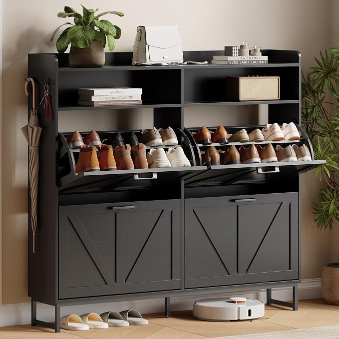 Xixini Shoe Storage Cabinet with 4 Flip Drawers, Entryway Shoe Rack, Black | Freestanding Narrow Shoe Storage, Hidden Slim Wood Shoe Organizer, Modern Farmhouse, Open Storage & Hooks for Closet, Hallway