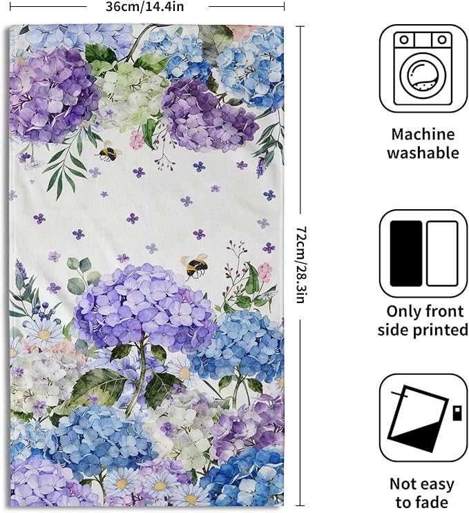 Giwawa Hydrangea Flowers Towel Set of 2 Blue Purple Watercolor Spring Summer Floral Bees Decorative Hand Towels Soft Microfiber Seasonal Face Towel Washcloth for Bathroom Guest Gym Spa Hotel